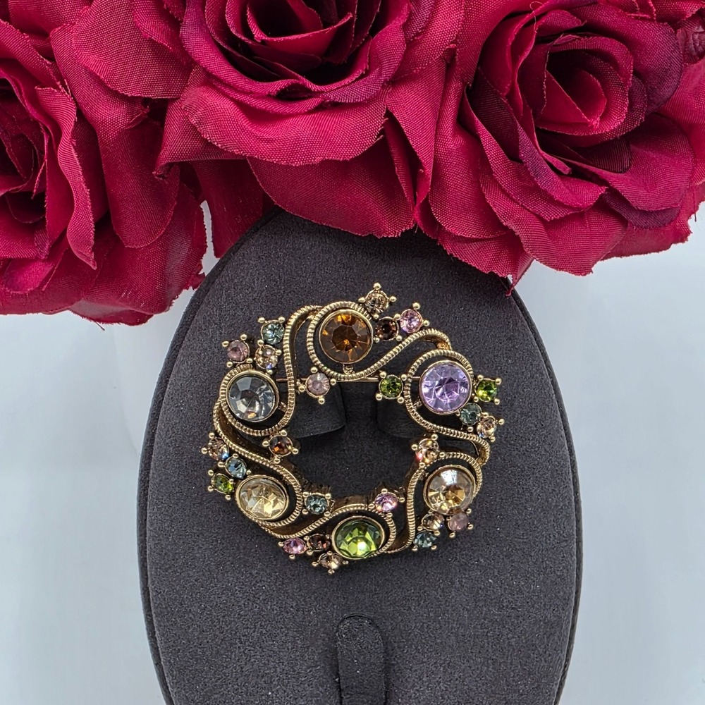 Monet Wreath Brooch Multicolored Rhinestone Gold Tone Vintage Pin Jewelry Dazzle
